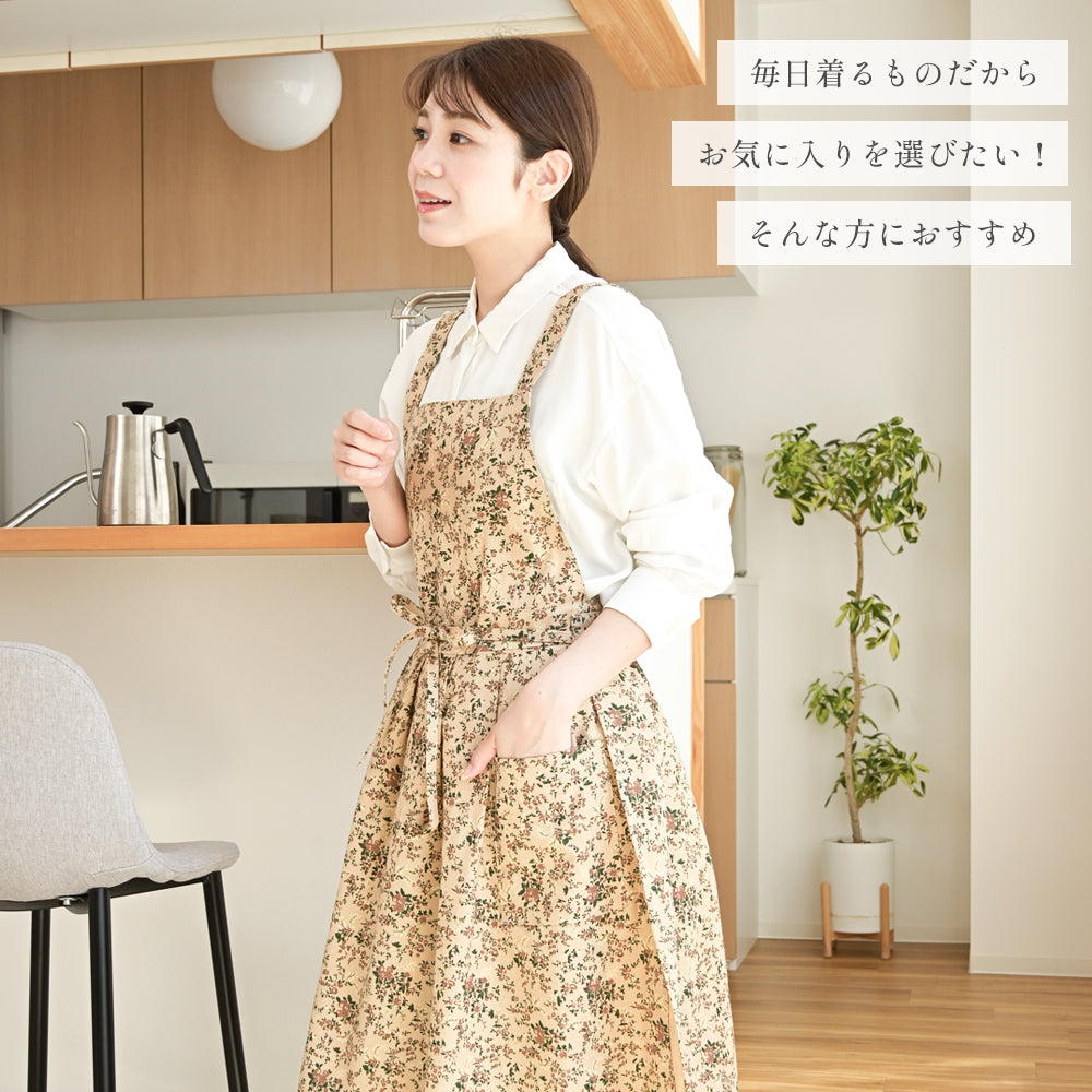 ワンピース型エプロン レディース おしゃれ 北欧風 体型カバー 大きめポケット付き ナチュラルコットンエプロン