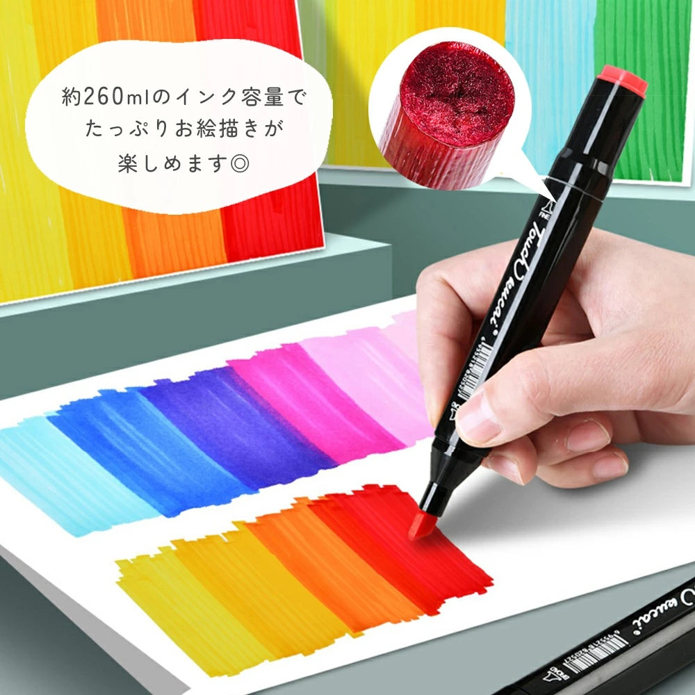 【80色セット＆ツインヘッド】マーカーペン アルコールマーカー 速乾 鮮やか発色 重ね塗りOK 収納バッグ付き